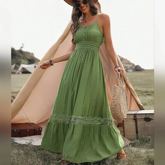 Dresses & Skirts - Women'S Splice Lace Cami Dress With Flounce Hem Long Sundress